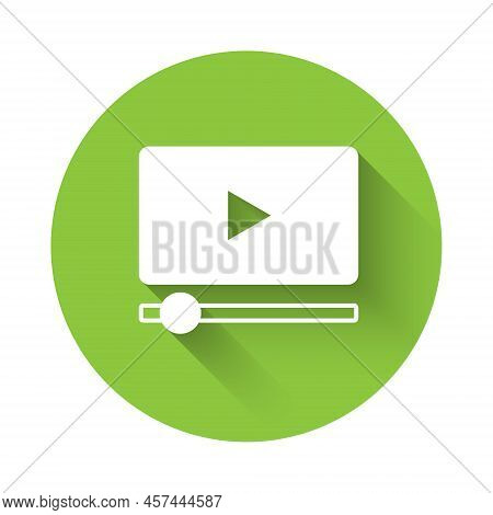 White Online Play Video Icon Isolated With Long Shadow Background. Film Strip With Play Sign. Green 