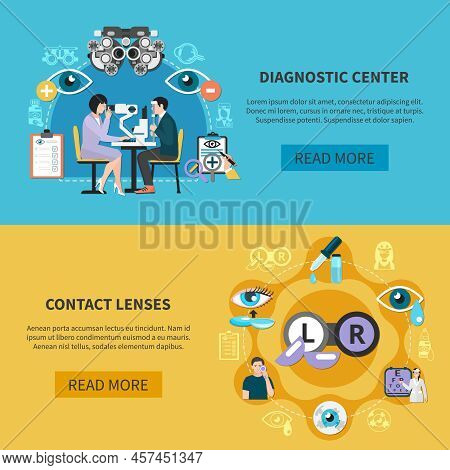 Oculist 2 Horizontal Banners Webpage Design With Optometric Diagnostic And Contact Lenses Use Care I