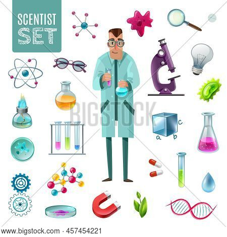 Science Icons Cartoon Set With Scientist Character And Tools For Laboratory Experiment And Theoretic