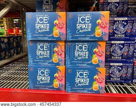 A Display Boxes Of Sparkling Ice Spiked Cocktails Hard Seltzer For Sale At A Sams Club In Orlando, F