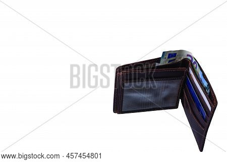 Close Up View Of Open Wallet With Euro Bills Isolated On White Background.