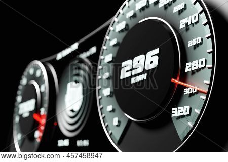3d Illustration Of The New Car Interior Details. Speedometer Shows A Maximum Speed Of 296 Km  H, Tac