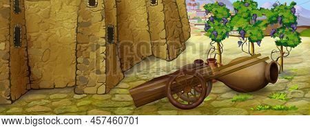 Georgian Landscape In Pirosmani Style. Digital Painting Background, Illustration.