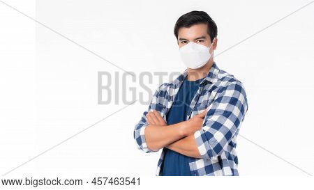 Stop Civid-19 , Asian Man Wearing Face Mask Protect Spread Covid-19 Coronavirus On White Background