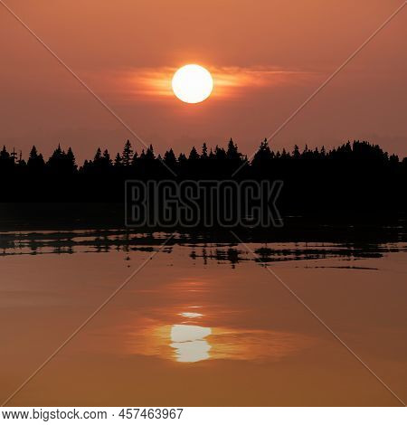 Mixed Media Image Of Photo And Illustration Landcape Of Spring Sunrise Over Reservoir Lake With Dawn