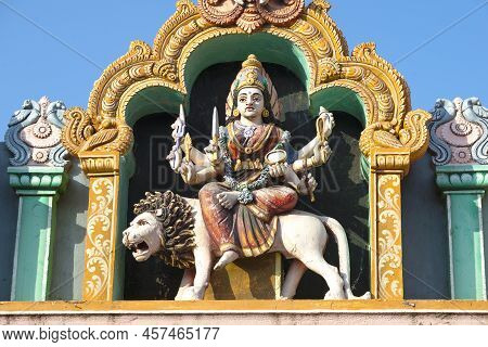 Trincomalee, Sri Lanka - February 09, 2020: Eight-armed Goddess Durga Riding A Lion. Sculpture On Th