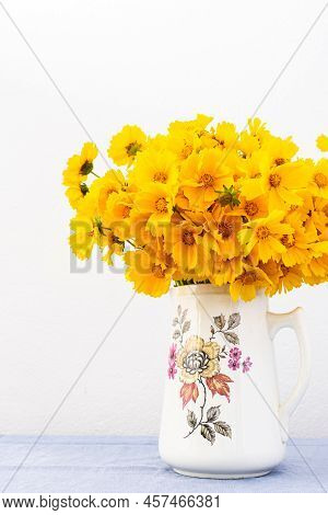 Beautiful Summer Flowers Yellow Chamomile In A Vase, Part Of Home Interior, Cota Tinctoria