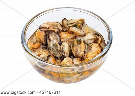 Pickled Mussels Isolated In A Glass Transparent Bowl On A White Background. Full Depth Of Field. The