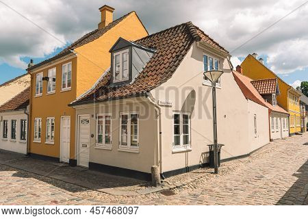 Odense, Denmark - May 23 2022: Beautiful Old Traditional Houses In Odense Old Town, Denmark, Europe