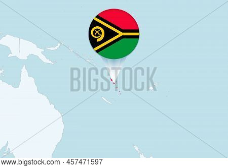 Oceania With Selected Vanuatu Map And Vanuatu Flag Icon. Vector Map And Flag.