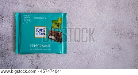 Kiev Ukraine - October 2021 Pepermint Taste. Chocolate Ritter Sport Bar German Chocolate, Different