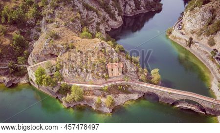 Drone View Of Lake San Domenico In The Municipality Of Villalago In The Province Of Aquila. Abruzzo 