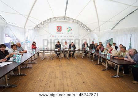 MOSCOW - AUG 18: Press conference of Department of Natural Resources and Environmental Protection of Moscow at festival Ekofest 2012 on banks of Stroginsky gulf, on August 18, 2012 in Moscow, Russia.