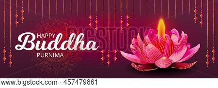 Happy Buddha Purnima Gautama Buddha Lotus Flower Candle, Mandala. Ornate Traditional Festival Poster