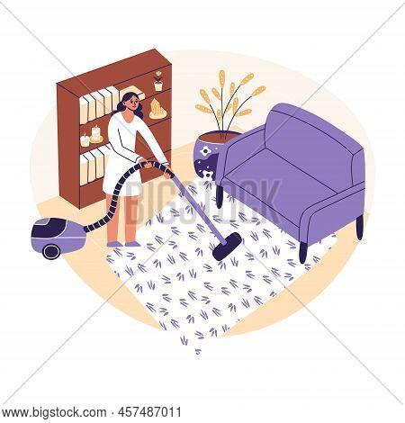 Woman Cleaning Carpter. Young Female Vaccuuming Home. Housewife Cleaning Modern Living Room With Vac