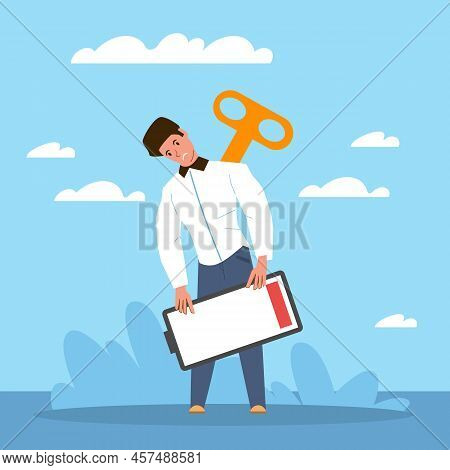 Burnout. Overwork Man Feeling Exhausted With Low Battery, Tired Sad Person Standing, Unhappy Stresse