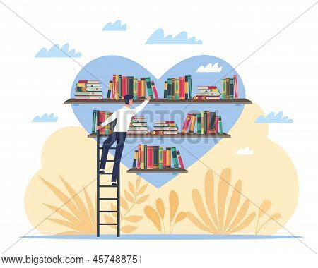 Love Of Reading. Leisure Time Activity, People Hobbies, Personal Development, Man On Ladder Puts Boo
