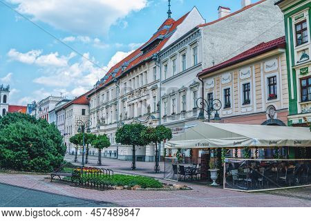 Banska Bystrica, Slovakia - August 15, 2021: View Of Snp Square - Colorful Historic Buildings, Bloom