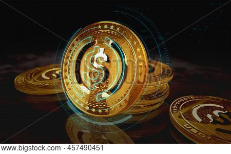 Usdc Usd Coin Stablecoin Cryptocurrency Golden Coin 3D Illustration