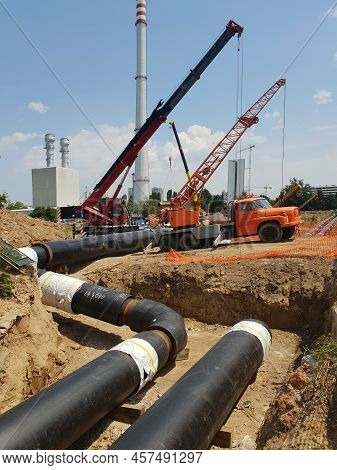 Reconstruction Site Of District Heating System Pipeline And Replacement Of Old Pipes With New Ones. 