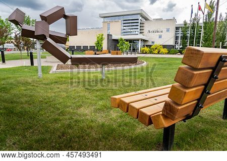 Airdrie Alberta Canada, June 12 2022: City Hall And Office Of The Mayor With Public Art Displays At 