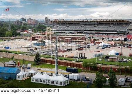 Calgary Alberta Canada, June 29 2022: Construction At The Calgary Stampede Grounds As Livestock Cora