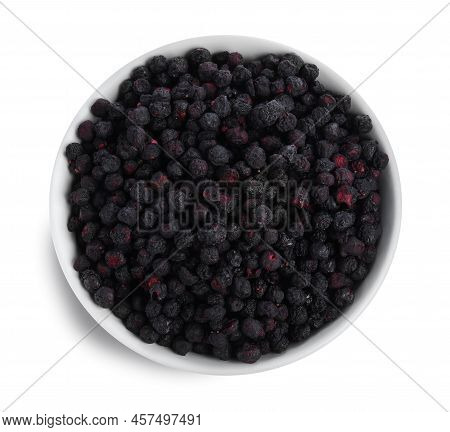 Freeze Dried Blueberries In Bowl On White Background, Top View