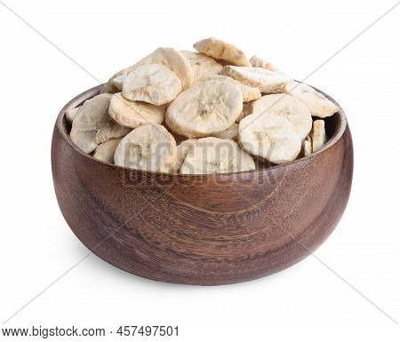 Freeze Dried Bananas In Bowl On White Background