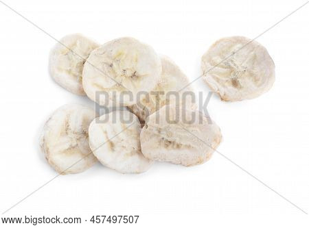 Pile Of Freeze Dried Bananas On White Background, Top View