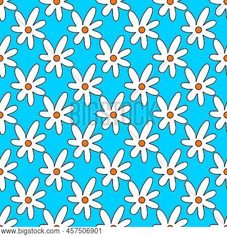 1970 Flowers Pattern. White Daisies On A Blue Background. 1970 Daisy. 1970 Vibe