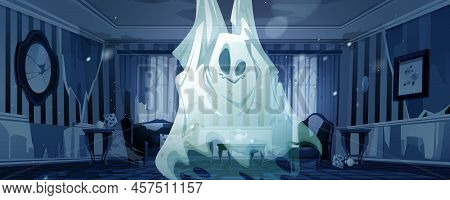 Ghost In Night Abandoned Living Room. Funny Spook Cartoon Halloween Character, Fantasy Monster, Spoo
