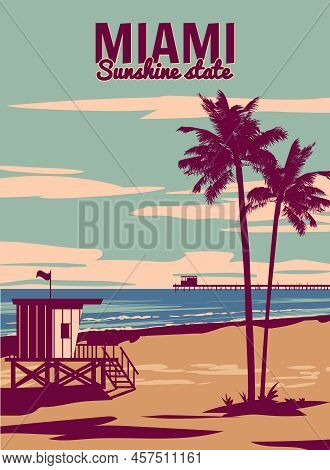Miami Beach Vintage Poster. Beach, Palm, Coast, Surf, Ocean. Vector Illustration