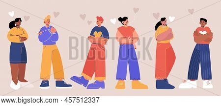 Concept Of Self Love And Care With Happy People Hug Themselves. Vector Flat Illustration Of Diverse 