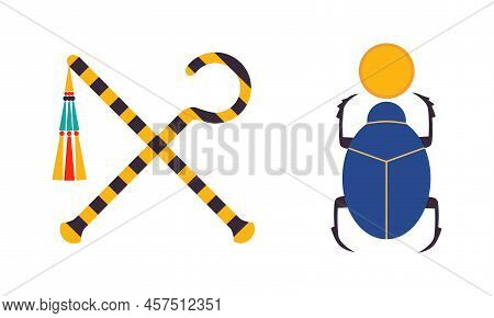 Ancient Egyptian Symbol With Crossed Sceptre And Whip And Scarab Beetle Vector Set