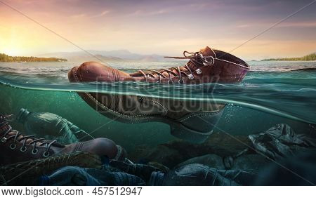 Plastic Pollution With Shoes Boots On The Surface Of Water In The Sea. Environment Problem