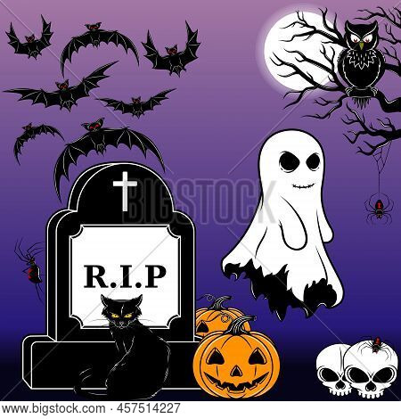 Halloween Night Graveyard Vector Design, Halloween Night Graveyard With Tombstone, Ghost, Bat And Sk