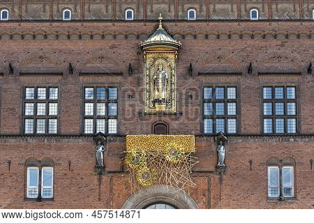 Tour De France Decoration With Yellow Sunflowers On The Balcony Of The City Hall In Copenhagen, July