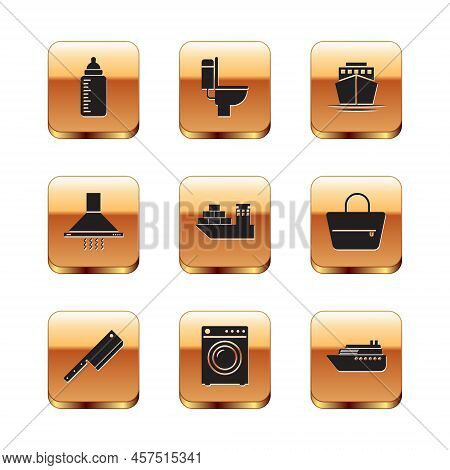 Set Baby Bottle, Meat Chopper, Washer, Cargo Ship, Kitchen Extractor Fan And Ship Icon. Vector