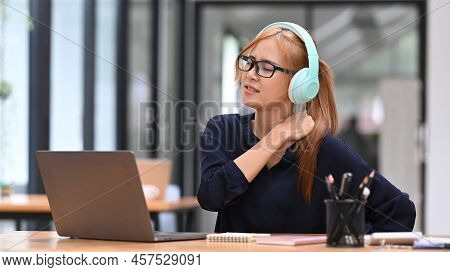 Tired Business Woman Massaging Rubbing Stiff Sore Neck Tensed Muscles, Suffering From Neck Pain, Wor