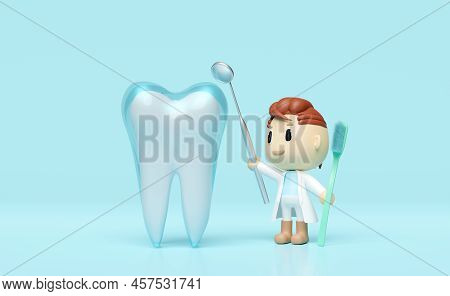 3d Miniature Cartoon Character Dentist With Dentist Mirror, Toothbrush, Dental Molar Isolated On Blu