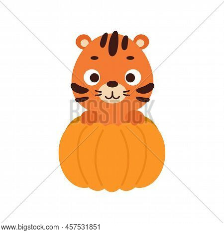 Cute Little Tiger Sitting In A Pumpkin. Cartoon Animal Character For Kids T-shirts, Nursery Decorati