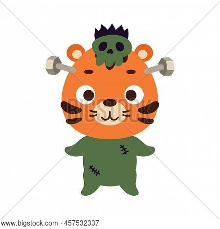 Cute Little Halloween Tiger In A Frankenstein Costume. Cartoon Animal Character For Kids T-shirts, N