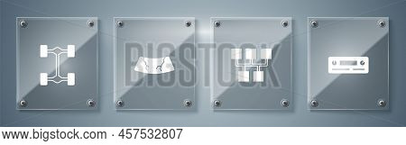 Set Car Audio, Gear Shifter, Broken Windshield And Chassis Car. Square Glass Panels. Vector