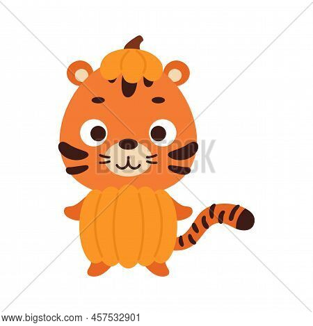Cute Little Halloween Tiger In A Pumpkin Costume. Cartoon Animal Character For Kids T-shirts, Nurser