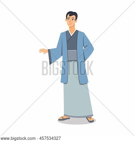 Chinese Man Character In Traditional Clothes Vector Illustration. Japanese Or Chinese People Wearing