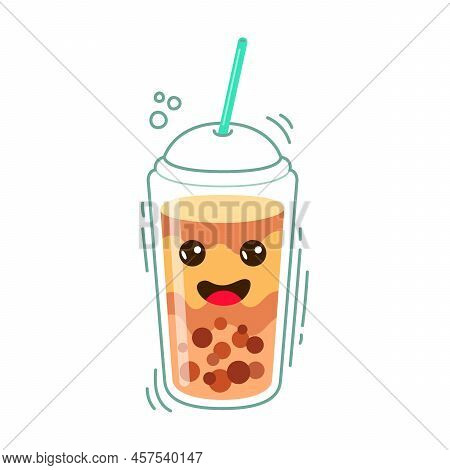 Tea Cartoon Character Vector Illustration. Comic Plastic Cup With Smiling Face, Taiwanese Milk Drink