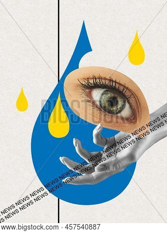 Sad Ukrainian Girl With Tears From Ukrainian Flag Colors On Her Face. People Asking For Peace. Conce
