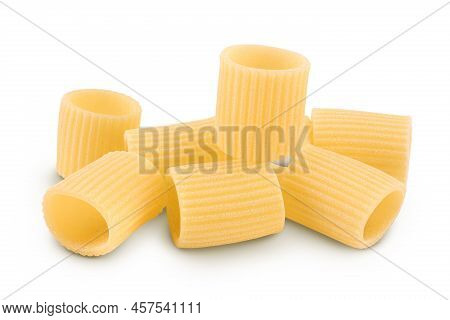 Raw Italian Pasta In Wooden Bowl Isolated On White Background. Mezze Maniche Rigate Bronze Die