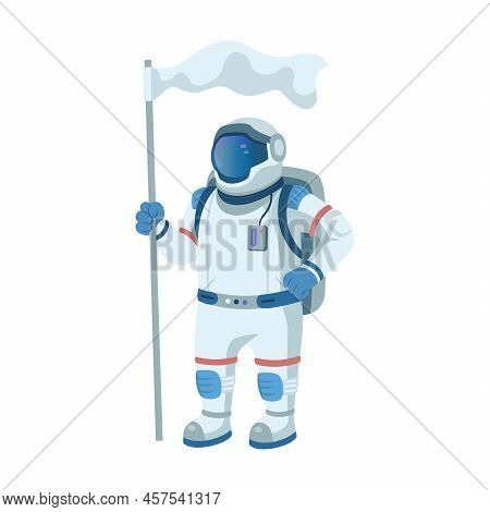 Cosmonaut In Space Flat Icon. Cartoon Spaceman Or Cosmonaut Exploring Galaxy, Holding Flag Vector Il