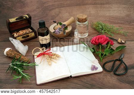 Love Potion Preparation With Recipe Notebook, Corn Dolly For Fertility Occult Ritual, Rose Flower, H